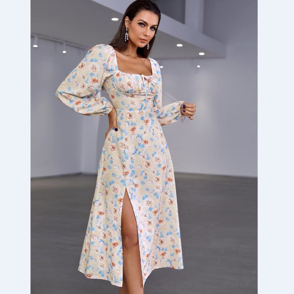 Floral Tie Front Square Neck Split Midi Dress - Picture 4 of 5